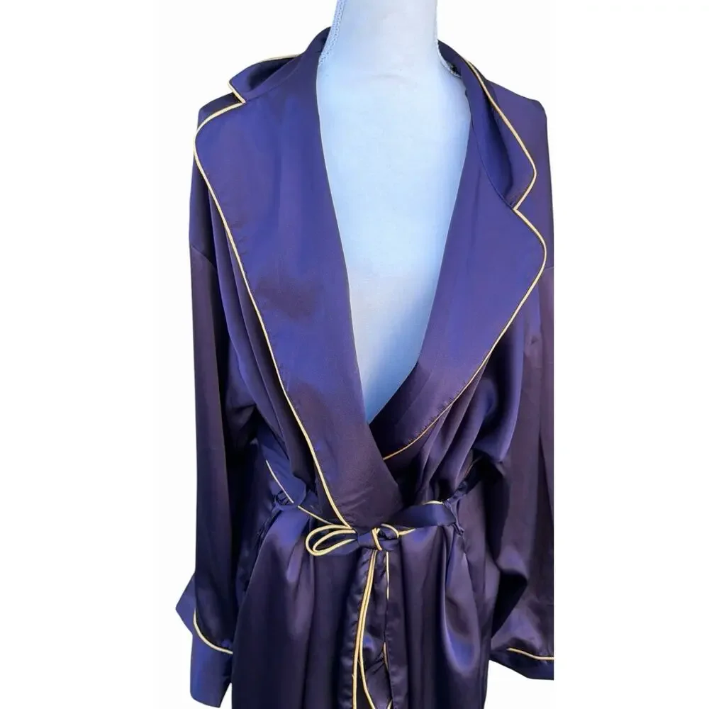 Victoria's Secret Satin Kimono Robe XL Dark Purple Gold Trim Long Belted Pockets
